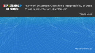 1
DEEP LEARNING JP
[DL Papers]
http://deeplearning.jp/
“Network Dissection: Quantifying Interpretability of Deep
Visual Representations (CVPR2017)”
Yosuke Ueno
 