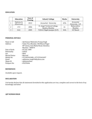 EDUCATION
Education
Year of
Passing
School/ College Marks University
1
Diploma In
(Electrical)
2013 Arunachal University 65%
Arunachal
University - U.P
2 I.T.I 2006
Fr. Angel Technical College,
Bandra, Mumbai
A+
Maharashtra
Mumbai
3 S.S.C 2005 T.B.S.I.C Nigoh Jaunpur (U.P) 56% U.P Board
PERSONAL DETAILS
Name in full : Ajit Kumar Mahendra Pratap Singh
Address : Yadav Pan, Bhandar, Old Bharat Nagar
HP Colony, East Mahul Road, Chembur,
Mumbai - 400074
Date of birth : 02 July 1989
Nationality : Indian
Sex : Male
Marital Status : Married
Mobile No : 971502943480; +971555443497
Email : ajitkumar.singh99@yahoo.com
Skype ID : ajitkumarbms
Passport No : G9259646
REFERENCES
Available upon request.
DECLARATION
I do hereby declare that all statements furnished in this application are true, complete and correct to the best of my
knowledge and belief.
AJIT KUMAR SINGH
 