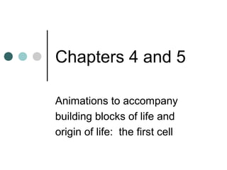 Chapters 4 and 5

Animations to accompany
building blocks of life and
origin of life: the first cell
 