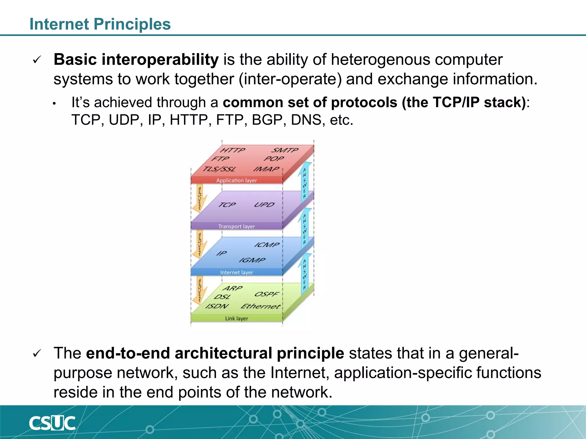 Internet Principles
 Basic interoperability is the ability of heterogenous computer
systems to work together (inter-operate) and exchange information.
• It’s achieved through a common set of protocols (the TCP/IP stack):
TCP, UDP, IP, HTTP, FTP, BGP, DNS, etc.
 The end-to-end architectural principle states that in a general-
purpose network, such as the Internet, application-specific functions
reside in the end points of the network.
 