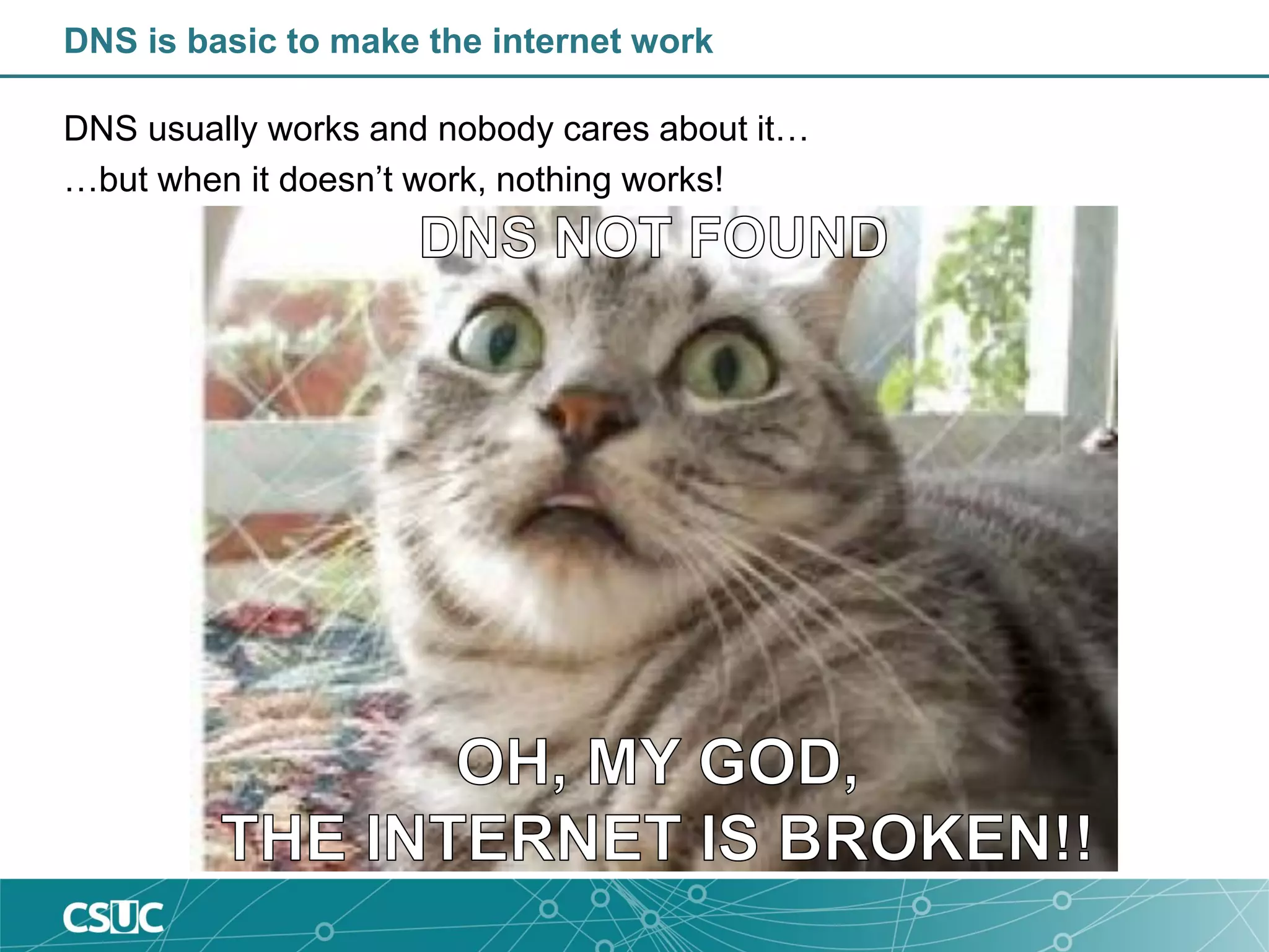 DNS is basic to make the internet work
DNS usually works and nobody cares about it…
…but when it doesn’t work, nothing works!
 