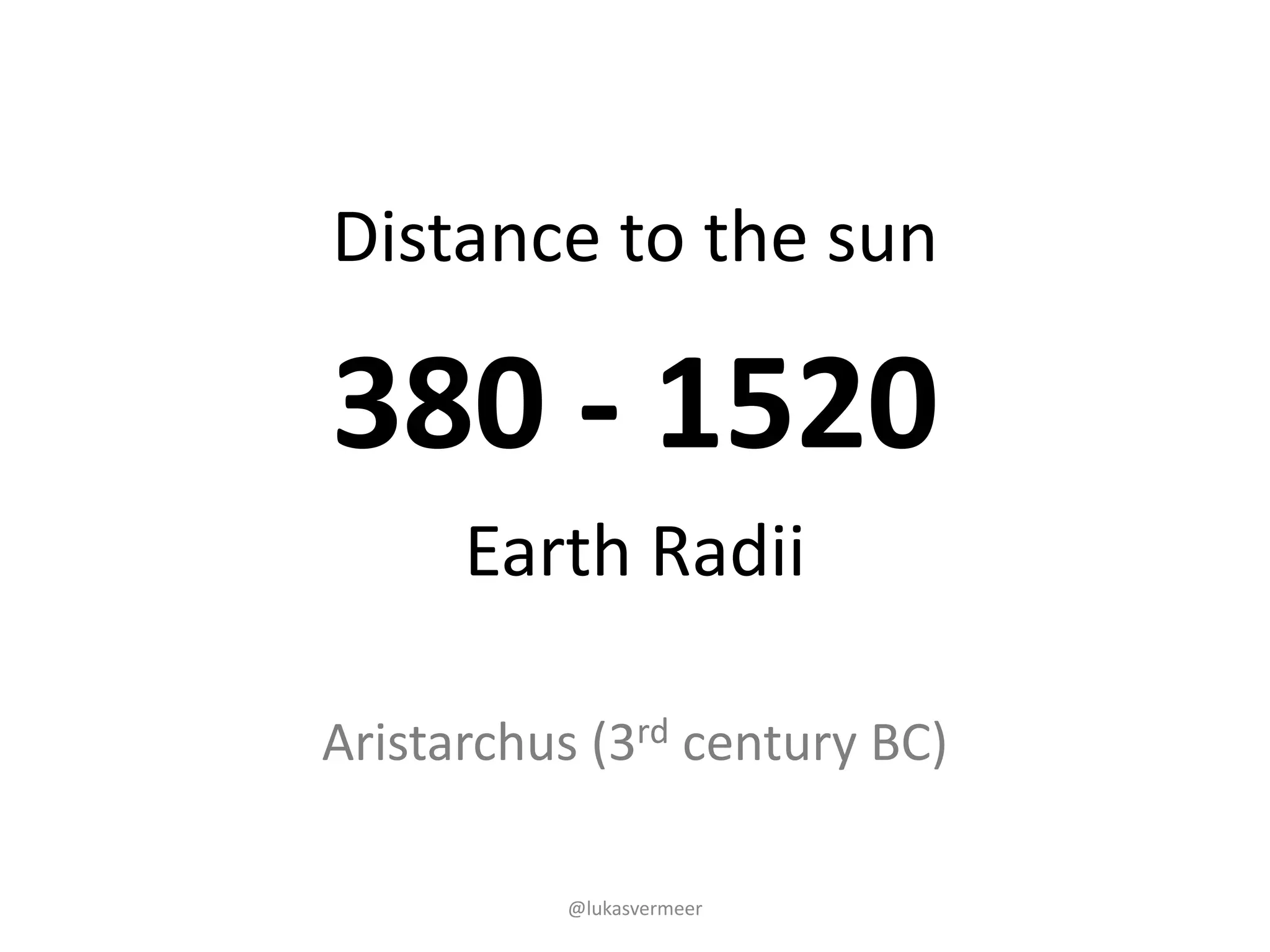 @lukasvermeer
Aristarchus	(3rd century	BC)
Distance	to	the	sun
380	- 1520
Earth Radii
 