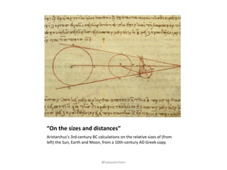 “On	the	sizes	and	distances”
Aristarchus's	3rd-century	BC	calculations	on	the	relative	sizes	of	(from	
left)	the	Sun,	Eart...