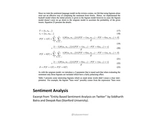 Sentiment	Analysis
Excerpt	from	“Entity	Based	Sentiment	Analysis	on	Twitter”	by	Siddharth
Batra and	Deepak	Rao	(Stanford	U...