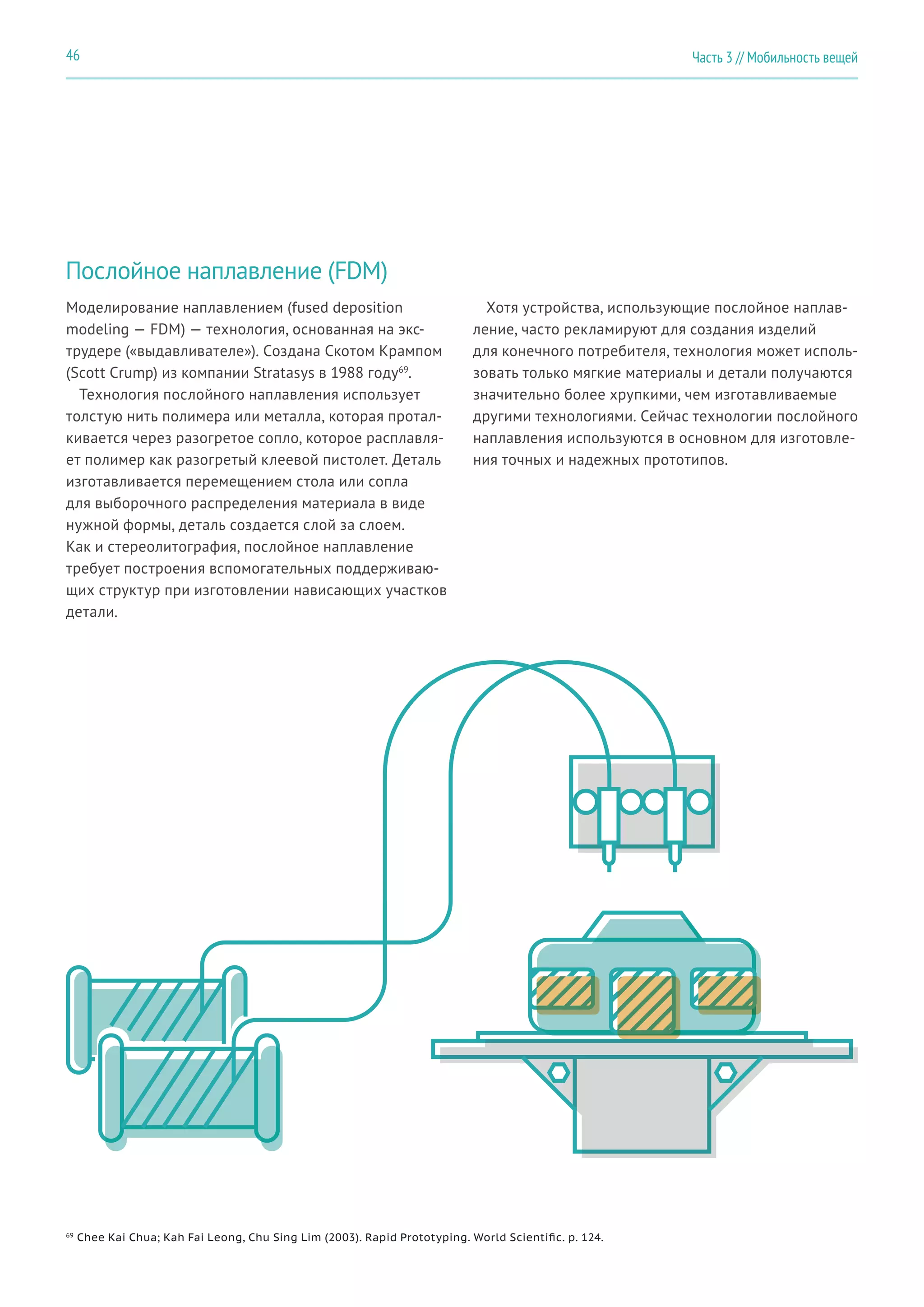 Часть 3 // Мобильность вещей46
Послойное наплавление (FDM)
Моделирование наплавлением (fused deposition
modeling — FDM) — технология, основанная на экс-
трудере («выдавливателе»). Создана Скотом Крампом
(Scott Crump) из компании Stratasys в 1988 году69
.
Технология послойного наплавления использует
толстую нить полимера или металла, которая протал-
кивается через разогретое сопло, которое расплавля-
ет полимер как разогретый клеевой пистолет. Деталь
изготавливается перемещением стола или сопла
для выборочного распределения материала в виде
нужной формы, деталь создается слой за слоем.
Как и стереолитография, послойное наплавление
требует построения вспомогательных поддерживаю-
щих структур при изготовлении нависающих участков
детали.
Хотя устройства, использующие послойное наплав-
ление, часто рекламируют для создания изделий
для конечного потребителя, технология может исполь-
зовать только мягкие материалы и детали получаются
значительно более хрупкими, чем изготавливаемые
другими технологиями. Сейчас технологии послойного
наплавления используются в основном для изготовле-
ния точных и надежных прототипов.
69
Chee Kai Chua; Kah Fai Leong, Chu Sing Lim (2003). Rapid Prototyping. World Scientific. p. 124.
 