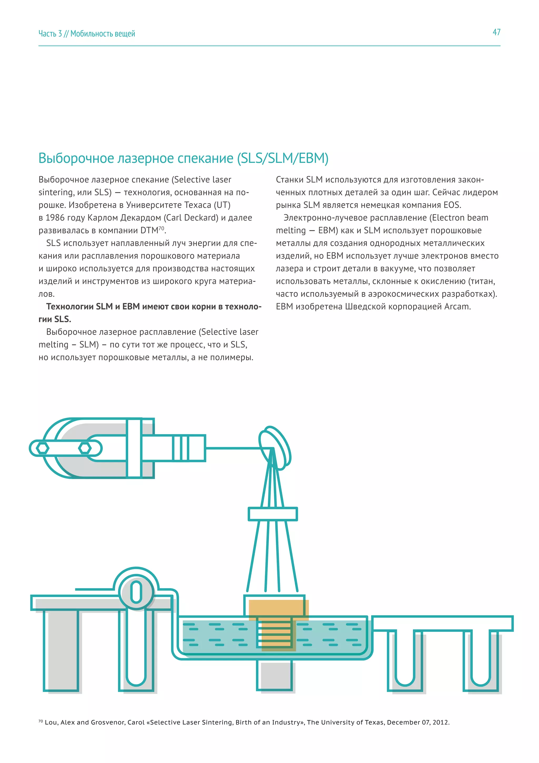 47Часть 3 // Мобильность вещей
Выборочное лазерное спекание (SLS/SLM/EBM)
Выборочное лазерное спекание (Selective laser
sintering, или SLS) — технология, основанная на по-
рошке. Изобретена в Университете Техаса (UT)
в 1986 году Карлом Декардом (Carl Deckard) и далее
развивалась в компании DTM70
.
SLS использует наплавленный луч энергии для спе-
кания или расплавления порошкового материала
и широко используется для производства настоящих
изделий и инструментов из широкого круга материа-
лов.
Технологии SLM и EBM имеют свои корни в техноло-
гии SLS.
Выборочное лазерное расплавление (Selective laser
melting – SLM) – по сути тот же процесс, что и SLS,
но использует порошковые металлы, а не полимеры.
Станки SLM используются для изготовления закон-
ченных плотных деталей за один шаг. Сейчас лидером
рынка SLM является немецкая компания EOS.
Электронно-лучевое расплавление (Electron beam
melting — EBM) как и SLM использует порошковые
металлы для создания однородных металлических
изделий, но EBM использует лучше электронов вместо
лазера и строит детали в вакууме, что позволяет
использовать металлы, склонные к окислению (титан,
часто используемый в аэрокосмических разработках).
EBM изобретена Шведской корпорацией Arcam.
70
Lou, Alex and Grosvenor, Carol «Selective Laser Sintering, Birth of an Industry», The University of Texas, December 07, 2012.
 