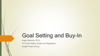 Goal Setting and Buy-In
Angie Siemens, Ph.D.
V.P. Food Safety, Quality and Regulatory
Cargill Protein Group
 