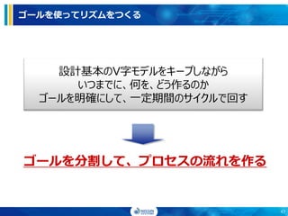 ゴールを使ってリズムをつくる
設計基本のV字モデルをキープしながら
いつまでに、何を、どう作るのか
ゴールを明確にして、一定期間のサイクルで回す
ゴールを分割して、プロセスの流れを作る
47
 