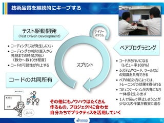 技術品質を継続的にキープする
• コーディングミスが発生しにくい
• コーディングでの誤り混入から
発見までの時間が短い
（数分～数10分程度）
• コードの可読性が向上する
55
スプリント
デイリー
スクラム
テスト駆動開発
（Test Driven Development）
ペアプログラミング
• コードがきれいになる
（レビュー率100％）
• システムやコード、ツールなど
の知識を共有できる
• ペアの組み方によっては、
トレーニングの効果を得られる
• コミュニケーションが活発になり
一体感を生み出す
• 1人で悩んで停止しまうことが
少なくなり作業が着実に進む
コードの共同所有
その他にもノウハウはたくさん
作るもの、プロジェクトに合わせ
自分たちでプラクティスを活用していく
 