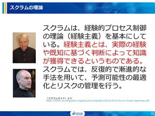 スクラムは、経験的プロセス制御
の理論（経験主義）を基本にして
いる。経験主義とは、実際の経験
や既知に基づく判断によって知識
が獲得できるというものである。
スクラムでは、反復的で漸進的な
手法を用いて、予測可能性の最適
化とリスクの管理を行う。
「スクラムガイド」より
https://www.scrumguides.org/docs/scrumguide/v2016/2016-Scrum-Guide-Japanese.pdf
62
スクラムの理論
62
 