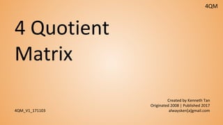 4QM
4 Quotient
Matrix
Created by Kenneth Tan
Originated 2008 | Published 2017
alwaysken[a]gmail.com4QM_V1_171103
 