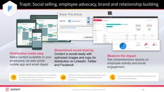 TrapIt: Social selling, employee advocacy, brand and relationship building
Copyright Scompler GmbH (all rights reserved) 61
Distribution made easy
Make content available to your
employees via web portal,
mobile app and email digest
Streamlined social sharing
Content is social-ready with
optimized images and copy for
distribution on Linkedin, Twitter
and Facebook
Measure the impact
Get comprehensive reports on
employee activity and social
engagement
 
