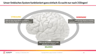 STIMULANZ
BALANCE
DOMINANZ
Copyright Mirko Lange, Scompler / Scribbleive 21Samstag, 11. November 2017
Unser limbisches System funktioniert ganz einfach: Es sucht nur nach 3 Dingen!
Hilft mir das, mich sicherer oder
geborgener zu fühlen?
Hilft mir das, besser zu werden
und mich gegen andere durchzusetzen?
Hilft mir das, etwas Neues zu erfahren,
über das bisher Bekannte hinauszugehen?
 