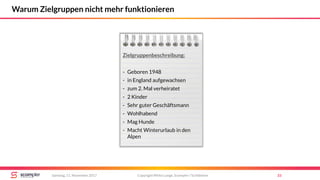 Warum Zielgruppen nicht mehr funktionieren
Copyright Mirko Lange, Scompler / Scribbleive 33Samstag, 11. November 2017
Zielgruppenbeschreibung:
- Geboren 1948
- in England aufgewachsen
- zum 2. Mal verheiratet
- 2 Kinder
- Sehr guter Geschäftsmann
- Wohlhabend
- Mag Hunde
- Macht Winterurlaub in den
Alpen
 