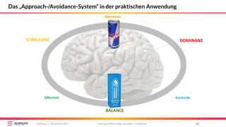 STIMULANZ
BALANCE
DOMINANZ
Abenteuer
Offenheit Kontrolle
Copyright Mirko Lange, Scompler / Scribbleive 40Samstag, 11. November 2017
Das „Approach-/Avoidance-System“ in der praktischen Anwendung
 