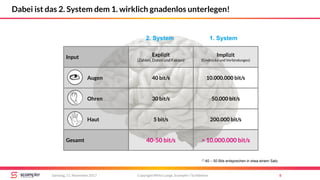 Copyright Mirko Lange, Scompler / Scribbleive 8Samstag, 11. November 2017
Dabei ist das 2. System dem 1. wirklich gnadenlos unterlegen!
1. System2. System
(*) 40 – 50 Bits entsprechen in etwa einem Satz.
Input
Augen
Ohren
Haut
Gesamt
Explizit
(Zahlen, Daten und Fakten)
40 bit/s
30 bit/s
5 bit/s
40-50 bit/s
Implizit
(Eindrücke und Verbindungen)
10.000.000 bit/s
50.000 bit/s
200.000 bit/s
> 10.000.000 bit/s
 