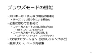 ブラウズモードの機能
• 矢印キーが「読み取り場所の移動」
• テーブルでは行や列による移動も
• 必要に応じて自動的に
• フォーカスモードと同じ操作が可能
• Tab / スペース / Enter など
• フォーカスモードに切り替わる
• エディットフィールド、コンボボックス
• 1文字ナビゲーション（見出しジャンプなど）
• 要素リスト、ページ内検索
20
 