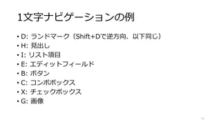 1文字ナビゲーションの例
• D: ランドマーク（Shift+Dで逆方向、以下同じ）
• H: 見出し
• I: リスト項目
• E: エディットフィールド
• B: ボタン
• C: コンボボックス
• X: チェックボックス
• G: 画像
21
 