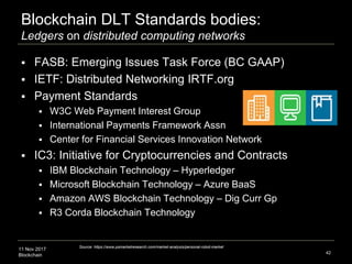 11 Nov 2017
Blockchain
Blockchain DLT Standards bodies:
Ledgers on distributed computing networks
 FASB: Emerging Issues ...