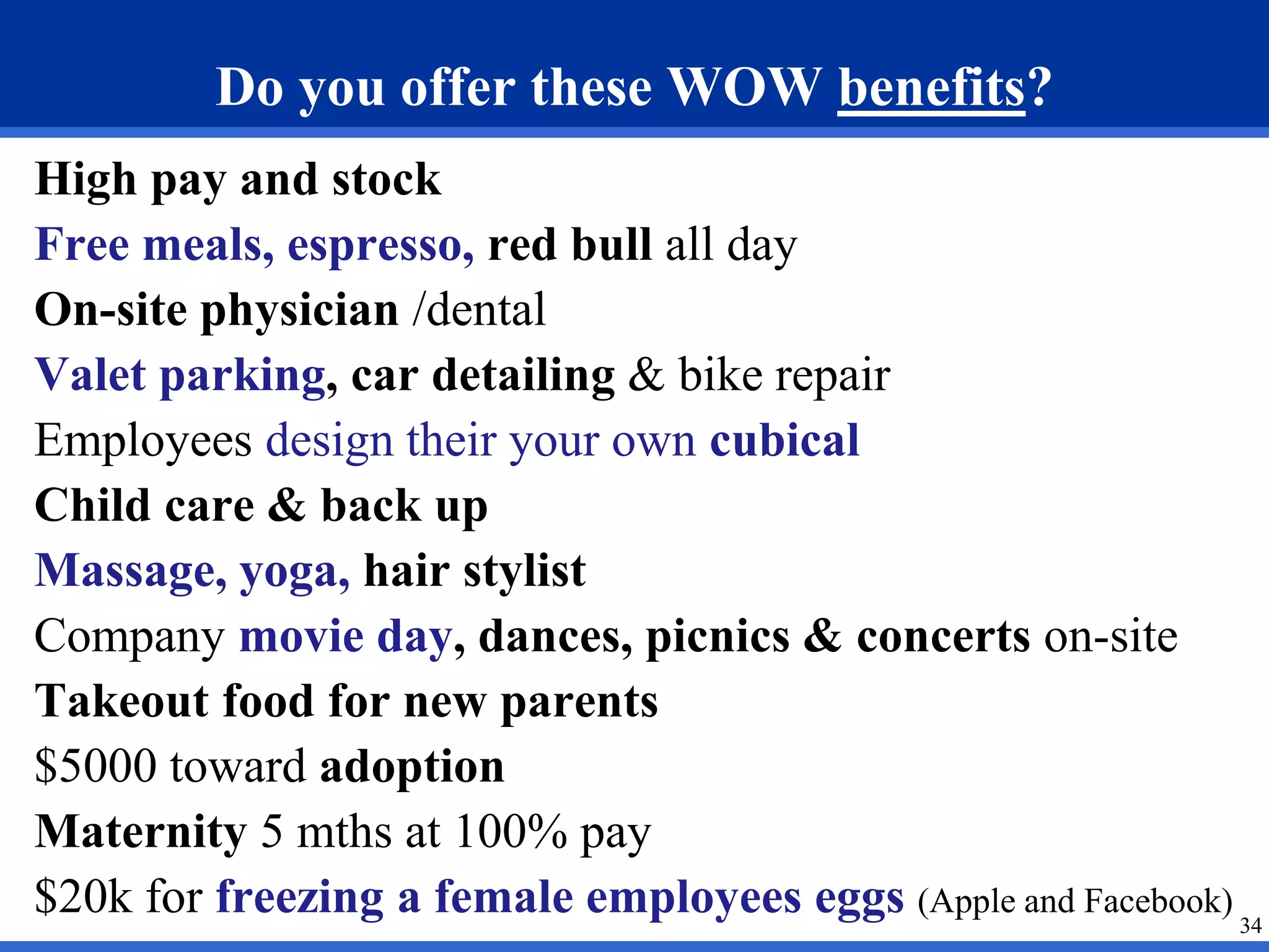 Do you offer these WOW benefits? 
High pay and stock 
Free meals, espresso, red bull all day 
On-site physician /dental 
Valet parking, car detailing & bike repair 
Employees design their your own cubical 
Child care & back up 
Massage, yoga, hair stylist 
Company movie day, dances, picnics & concerts on-site 
Takeout food for new parents 
$5000 toward adoption 
Maternity 5 mths at 100% pay 
$20k for freezing a female employees eggs (Apple and Facebook) 
34 
 