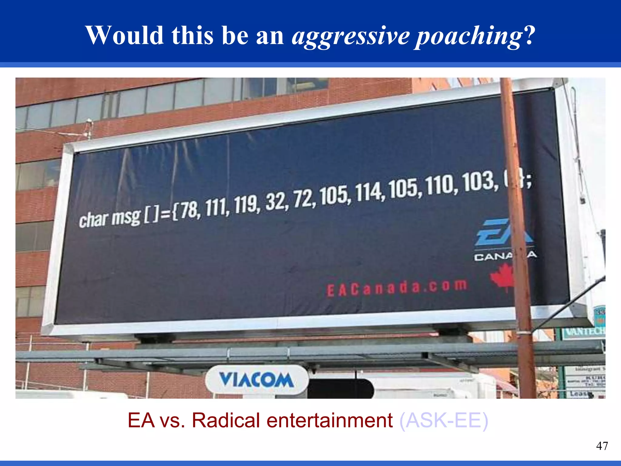 47 
Would this be an aggressive poaching? 
EA vs. Radical entertainment (ASK-EE) 
 