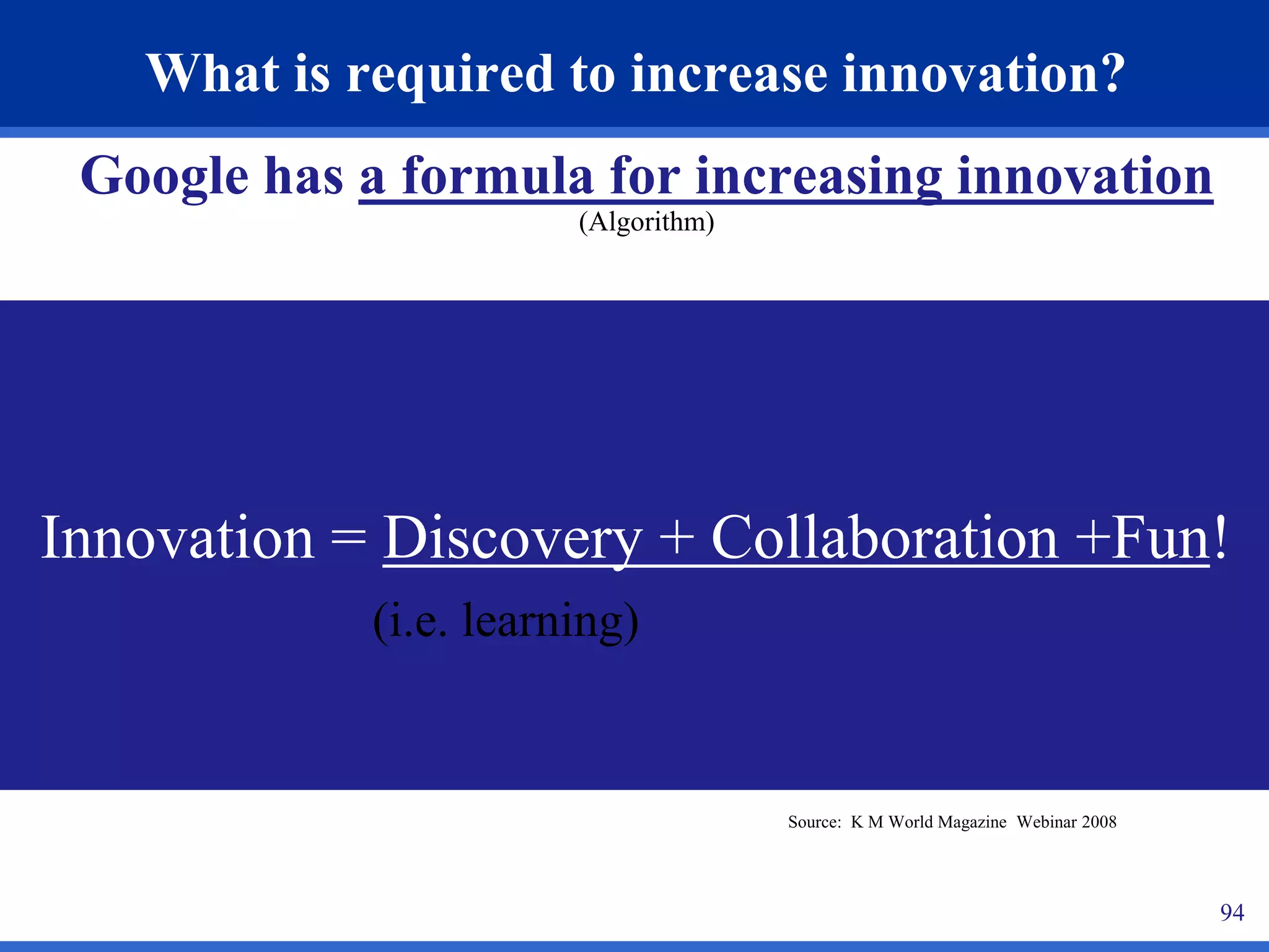 What is required to increase innovation? 
Google has a formula for increasing innovation 
(Algorithm) 
Innovation = Discovery + Collaboration +Fun! 
94 
Source: K M World Magazine Webinar 2008 
(i.e. learning) 
 
