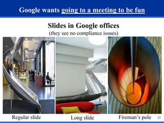 Google wants going to a meeting to be fun 
Slides in Google offices 
(they see no compliance issues) 
Regular slide Long s...