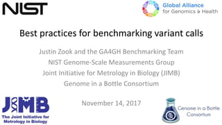 Best practices for benchmarking variant calls
Justin Zook and the GA4GH Benchmarking Team
NIST Genome-Scale Measurements Group
Joint Initiative for Metrology in Biology (JIMB)
Genome in a Bottle Consortium
November 14, 2017
 