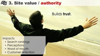3. Site value / authority
Impacts:
• Search rankings
• Perceptions
• Word of mouth
• Customer retention
Builds trust.
 