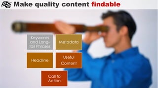 Make quality content findable
Keywords
and Long-
tail Phrases
Metadata
Headline
Useful
Content
Call to
Action
 