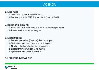 1. Einleitung
a Vorstellung der Referenten
b Senkung der MWST Sätze per 1. Januar 2018
2. Rechnungsstellung:
a Standard: A...