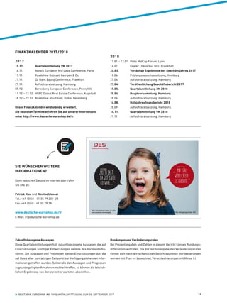 FINANZKALENDER 2017 / 2018
2017
15.11.	 Quartalsmitteilung 9M 2017
16.11.	 Natixis European Mid Caps Conference, Paris
17.11.	 Roadshow Brüssel, Kempen  Co
21.11.	 DZ Bank Equity Conference, Frankfurt
29.11.	 Aufsichtsratssitzung, Hamburg
05.12.	 Berenberg European Conference, Pennyhill
11.12. – 12.12.	 HSBC Global Real Estate Conference, Kapstadt
18.12. – 19.12.	 Roadshow Abu Dhabi, Dubai, Berenberg
2018
11.01. – 12.01.	 Oddo MidCap Forum, Lyon
16.01.	 Kepler Cheuvreux GCC, Frankfurt
20.03.	 Vorläufige Ergebnisse des Geschäftsjahres 2017
18.04.	 Prüfungsausschusssitzung, Hamburg
25.04.	 Aufsichtsratssitzung, Hamburg
27.04.	 Veröffentlichung Geschäftsbericht 2017
15.05.	 Quartalsmitteilung 3M 2018
28.06.	 Hauptversammlung, Hamburg
28.06.	 Aufsichtsratssitzung, Hamburg
14.08.	 Halbjahresfinanzbericht 2018
28.09.	 Aufsichtsratssitzung, Hamburg
14.11.	 Quartalsmitteilung 9M 2018
29.11.	 Aufsichtsratssitzung, Hamburg
Zukunftsbezogene Aussagen
Diese Quartalsmitteilung enthält zukunftsbezogene Aussagen, die auf
Einschätzungen künftiger Entwicklungen seitens des Vorstands ba-
sieren. Die Aussagen und Prognosen stellen Einschätzungen dar, die
auf Basis aller zum jetzigen Zeitpunkt zur Verfügung stehenden Infor-
mationen getroffen wurden. Sollten die den Aussagen und Prognosen
zugrunde gelegten Annahmen nicht eintreffen, so können die tatsäch-
lichen Ergebnisse von den zurzeit erwarteten abweichen.
Rundungen und Veränderungsraten
Bei Prozentangaben und Zahlen in diesem Bericht können Rundungs-
differenzen auftreten. Die Vorzeichenangabe der Veränderungsraten
richtet sich nach wirtschaftlichen Gesichtspunkten: Verbesserungen
werden mit Plus (+) bezeichnet, Verschlechterungen mit Minus (-).
Die Shoppingcenter-AG
Mehr Informationen finden Sie unter
www.deutsche-euroshop.de
„...MIREGAL,
WENNICHEIN
EISBEKOMME.“
EMOTIONAL
„MUTTISAGT,
DAGIBT‘SVIEL
AUSWAHL...“
RATIONAL
SIE WÜNSCHEN WEITERE
INFORMATIONEN?
Dann besuchen Sie uns im Internet oder rufen
Sie uns an:
Patrick Kiss und Nicolas Lissner
Tel.: +49 (0)40 - 41 35 79 20 / -22
Fax: +49 (0)40 - 41 35 79 29
www.deutsche-euroshop.de/ir
E-Mail: ir@deutsche-euroshop.de
Unser Finanzkalender wird ständig erweitert.
Die neuesten Termine erfahren Sie auf unserer Internetseite
unter http://www.deutsche-euroshop.de/ir.
  DEUTSCHE EUROSHOP AG  9M QUARTALSMITTEILUNG ZUM 30. SEPTEMBER 2017 12
 