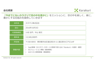 Karakuri Inc. All rights reserved. 3
会社概要
「今までにないカラクリで世の中を豊かに」をミッションに、世の中を楽しく、楽に、
豊かにする仕組みを提供していきます
会社名
設⽴
代表取締役
事業内容
• SaaS事業（カスタマーサポートの現場で使えるAI「Karakuri」の提供・運営）
• AIソリューション事業（個別開発）
• AIビジネス開発事業（事業開発）
⼩⽥ 志⾨、中⼭ 智⽂
2016年10⽉3⽇
カラクリ株式会社
資本⾦ 13,500,000円
所在地 〒150-0043 東京都渋⾕区道⽞坂19-11 道⽞坂セピアビル4F
 