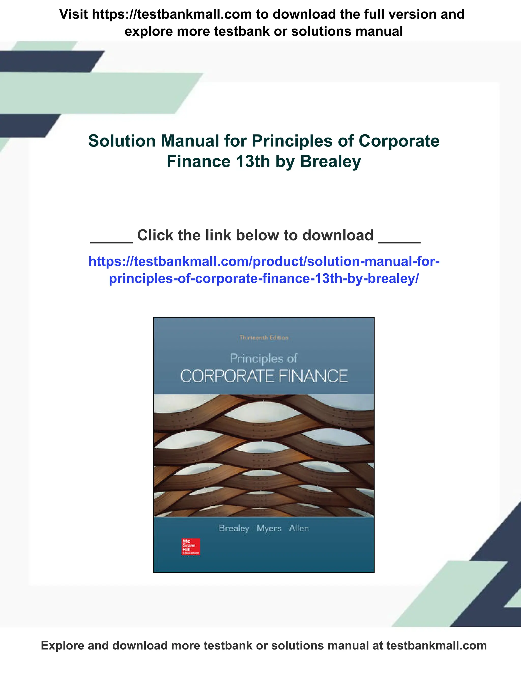 Solution Manual for Principles of Corporate Finance 13th by
