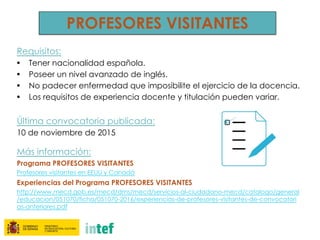 PROFESORES VISITANTES
Requisitos:
• Tener nacionalidad española.
• Poseer un nivel avanzado de inglés.
• No padecer enfermedad que imposibilite el ejercicio de la docencia.
• Los requisitos de experiencia docente y titulación pueden variar.
Última convocatoria publicada:
10 de noviembre de 2015
Más información:
Programa PROFESORES VISITANTES
Profesores visitantes en EEUU y Canadá
Experiencias del Programa PROFESORES VISITANTES
http://www.mecd.gob.es/mecd/dms/mecd/servicios-al-ciudadano-mecd/catalogo/general
/educacion/051070/ficha/051070-2016/experiencias-de-profesores-visitantes-de-convocatori
as-anteriores.pdf
 