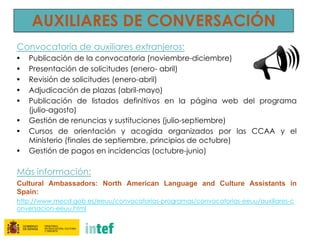 AUXILIARES DE CONVERSACIÓN
Convocatoria de auxiliares extranjeros: 
• Publicación de la convocatoria (noviembre-diciembre)
• Presentación de solicitudes (enero- abril)
• Revisión de solicitudes (enero-abril)
• Adjudicación de plazas (abril-mayo)
• Publicación de listados definitivos en la página web del programa
(julio-agosto)
• Gestión de renuncias y sustituciones (julio-septiembre)
• Cursos de orientación y acogida organizados por las CCAA y el
Ministerio (finales de septiembre, principios de octubre)
• Gestión de pagos en incidencias (octubre-junio)
Más información:
Cultural Ambassadors: North American Language and Culture Assistants in
Spain:
http://www.mecd.gob.es/eeuu/convocatorias-programas/convocatorias-eeuu/auxiliares-c
onversacion-eeuu.html
 