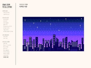 아이디어 구체화
디자인 시안
혼술도 함께
마시는 것처럼!
하도하도
START!
전략적 정의
서비스의 목적
사용자의 요구
아이디어 전개
리서치 분석
아이디어
타겟 세분화
설문 조사
Shadowing 리서치
인터뷰 리서치
기술 리서치
AR게임 경험자 인터뷰
코어 개념 정의
코어 컨셉
코어 기능
아이디어 구체화
세부기능
퍼소나 / 시나리오
태스크모델
유저 저니
태스크플로우
와이어 프레임
캐릭터 모델링
스토리 보드
디자인 시안
 