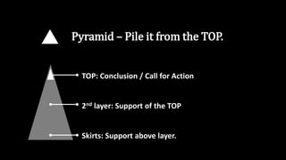 Pyramid – Pile it from the TOP.
TOP: Conclusion / Call for Action
2nd layer: Support of the TOP
Skirts: Support above layer.
 