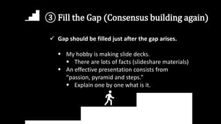 ③ Fill the Gap (Consensus building again)
 Gap should be filled just after the gap arises.
 My hobby is making slide decks.
 There are lots of facts (slideshare materials)
 An effective presentation consists from
“passion, pyramid and steps.”
 Explain one by one what is it.
 