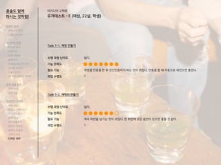 혼술도 함께
마시는 것처럼!
Task 1-1. 계정 만들기
수행 과정 난이도
기능 만족도
필요 기능
과업 수행도
Task 1-2. 캐릭터 만들기
수행 과정 난이도
기능 만족도
필요 기능
과업 수행도
쉽다.
계정을 연동을 한 후 성인인증까지 하는 것이 귀찮다. 연동을 할 때 자동으로 되었으면 좋겠다.
1
쉽다.
계속 화면을 넘기는 것이 귀찮다. 한 화면에 모든 옵션이 있으면 좋을 것 같다.
1
전략적 정의
서비스의 목적
사용자의 요구
아이디어 전개
리서치 분석
아이디어
타겟 세분화
설문 조사
Shadowing 리서치
인터뷰 리서치
기술 리서치
AR게임 경험자 인터뷰
코어 개념 정의
코어 컨셉
코어 기능
아이디어 구체화
세부기능
퍼소나 / 시나리오
태스크모델
유저 저니
태스크플로우
와이어 프레임
캐릭터 모델링
스토리 보드
디자인 시안
아이디어 구체화
유저테스트 - F (여성, 22살, 학생)
 