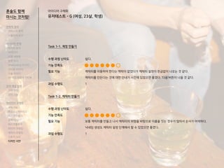 혼술도 함께
마시는 것처럼!
Task 1-1. 계정 만들기
수행 과정 난이도
기능 만족도
필요 기능
과업 수행도
Task 1-2. 캐릭터 만들기
수행 과정 난이도
기능 만족도
필요 기능
과업 수행도
쉽다.
캐릭터를 이용하여 한다는 맥락이 없었다가 캐릭터 설정이 뜬금없이 나오는 것 같다.
캐릭터를 만든다는 것에 대한 안내가 사전에 있었으면 좋겠다. ‘다음’버튼이 나을 것 같다.
1
쉽다.
보통 캐릭터를 만들고 나서 캐릭터의 외형을 바탕으로 이름을 짓는 경우가 많아서 순서가 어색하다.
닉네임 생성도 캐릭터 설정 단계에서 할 수 있었으면 좋겠다.
1
전략적 정의
서비스의 목적
사용자의 요구
아이디어 전개
리서치 분석
아이디어
타겟 세분화
설문 조사
Shadowing 리서치
인터뷰 리서치
기술 리서치
AR게임 경험자 인터뷰
코어 개념 정의
코어 컨셉
코어 기능
아이디어 구체화
세부기능
퍼소나 / 시나리오
태스크모델
유저 저니
태스크플로우
와이어 프레임
캐릭터 모델링
스토리 보드
디자인 시안
아이디어 구체화
유저테스트 - G (여성, 23살, 학생)
 