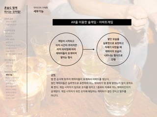 AR을 이용한 술게임 - 아파트게임
혼술도 함께
마시는 것처럼!
아이디어 구체화
세부기능
게임이 시작되고
터치 시간이 주어지면
터치 타이밍에 따라
캐릭터들이 포개어져
쌓이는 형식
쌓인 모습을
실루엣으로 표현하고
차례가 되었을 때
캐릭터의 모습이
나타나는 형식으로
진행
규칙
탭 한 순서에 맞추어 캐릭터들이 포개져서 아파트를 쌓는다.
쌓인 캐릭터들은 실루엣으로 표현하여 어느 캐릭터가 몇 층에 쌓였는지 알지 못하도
록 한다. 게임 시작자가 임의로 숫자를 외치고 1층부터 차례로 어느 캐릭터인지가
공개된다. 게임 시작자가 외친 숫자에 해당하는 캐릭터가 걸린 것이고 벌주를
마신다.
전략적 정의
서비스의 목적
사용자의 요구
아이디어 전개
리서치 분석
아이디어
타겟 세분화
설문 조사
Shadowing 리서치
인터뷰 리서치
기술 리서치
AR게임 경험자 인터뷰
코어 개념 정의
코어 컨셉
코어 기능
아이디어 구체화
세부기능
퍼소나 / 시나리오
태스크모델
유저 저니
태스크플로우
와이어 프레임
캐릭터 모델링
스토리 보드
디자인 시안
 