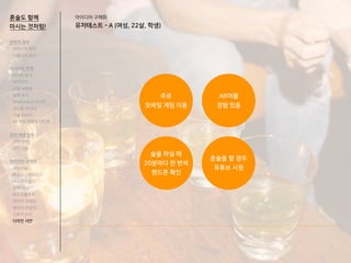 아이디어 구체화
유저테스트 - A (여성, 22살, 학생)
혼술도 함께
마시는 것처럼!
전략적 정의
서비스의 목적
사용자의 요구
아이디어 전개
리서치 분석
아이디어
타겟 세분화
설문 조사
Shadowing 리서치
인터뷰 리서치
기술 리서치
AR게임 경험자 인터뷰
코어 개념 정의
코어 컨셉
코어 기능
아이디어 구체화
세부기능
퍼소나 / 시나리오
태스크모델
유저 저니
태스크플로우
와이어 프레임
캐릭터 모델링
스토리 보드
디자인 시안
주로
모바일 게임 이용
AR어플
경험 있음
술을 마실 때
20분마다 한 번씩
핸드폰 확인
혼술을 할 경우
유튜브 시청
 