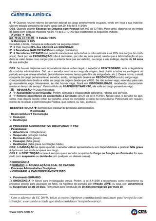 www.cers.com.br 25
B  Quando houver retorno do servidor estável ao cargo anteriormente ocupado, tendo em vista a sua inabilita-
ção em estágio probatório de outro cargo (art.29, I da lei 8.112/90).
OBS: Quando ocorrer Excesso de Despesa com Pessoal (art.169 da C.F/88). Para tanto, observa-se os limites
de gasto com pessoal impostos no art. 19 da LC 101/00 que estabelece os seguintes índices:
 União  50%
art. 19 da LC 101/00  Estado 60%
 Município  60%
Excedido o limite, começa-se a despedir na seguinte ordem:
1º  Pelo menos 20% dos CARGOS em COMISSÃO;
2º  Servidores NÃO ESTÁVEIS (em estágio probatório);
3°  Servidores ESTÁVEIS (só poderão exonerá-los após todos os não estáveis e os 20% dos cargos de confi-
ança). Será por via EXONERAÇÃO (não é demissão, por não ser uma pena), sendo que a Administração só po-
derá se valer desse novo cargo (pois o anterior terá que ser extinto), ou cargo a ele análogo, depois de 04 anos
de sua extinção.
OBS: Se houver dispensa sem observância dessa ordem legal, o servidor é REINTEGRADO, ante a ilegalidade
da conduta administrativa. Daí, se o servidor retorna ao cargo de origem, terá direito a todas as vantagens do
período em que esteve afastado (subsídio/vencimento, tempo para fins de antiguidade, etc.). Dessa forma, o atual
ocupante do cargo pertencente ao servidor, então, reintegrado deverá ser RECONDUZIDO a outro cargo vago.
O reconduzido tem direito a voltar ao cargo de origem desde que VAGO. Se não estiver vago, reconduz para car-
go equivalente vago. Novamente, se não houver vaga, ficará em DISPONIBILIDADE, recebendo proporcional-
mente ao tempo de serviço
1
. Pelo instituto do REAPROVEITAMENTO, ele volta ao cargo porventura vago.
III) REVERSÃO  Duas Hipóteses:
A  Aposentadoria por Invalidez. Porém, cessada a incapacidade laborativa, retorna aos serviços.
B  Retorno espontâneo de aposentado à Atividade (art.25 da lei 8.112/90). Nesse caso, o servidor se apo-
senta, mas depois decide voltar ao trabalho, antes de completar a idade da compulsória. Peticionará um requeri-
mento de reversão à Administração Pública, que poderá, ou não, aceitá-lo.
DESINVESTIDURA  Sempre que precisar de processo administrativo.
 Demissão
▪ Desinvestidura Exoneração
 Cassação
 Destituição
a) PROCESSO ADMINISTRATIVO DISCIPLINAR  PAD
▪ Penalidades:
 Advertência (infração leve)
 Suspensão (infração média)
 Demissão (falta grave)
 Cassação (falta grave)
 Destituição (falta grave ou infração média)
OBS: A CASSAÇÃO se opera quando o servidor estiver aposentado ou em disponibilidade e praticar falta grave
à época em que ainda ocupava seu cargo.
OBS 2: A DESTITUIÇÃO ocorrerá sempre que o servidor ocupante de Cargo ou Função em Comissão for ape-
nado com suspensão ou demissão (em qualquer um desses casos).
 SINDICÂNCIA
 SUMÁRIO  ACUMULAÇÃO ILEGAL DE CARGOS
▪ Processo Administrativo Disciplinar
 ORDINÁRIO  PAD PROPRIAMENTE DITO
 Provimento SUMÁRIO
I) SINDICÂNCIA  Serve para investigação prévia. Porém, a lei 8.112/90 a reconheceu como mecanismo ou
processo próprio para apuração de fatos, na hipótese de punição por infração LEVE, ou seja, por: Advertência
ou Suspensão de até 30 dias. Tem prazo para conclusão de 30 dias prorrogáveis por mais 30.
1
Com o advento da EC 20/98, todas as outras hipóteses constitucionais mudaram para ‘tempo de con-
tribuição’, excetuando a citada que ainda considera o ‘tempo de serviço’.
 