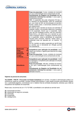 www.cers.com.br 27
Prazo de prescrição: 2 anos, contados do momento
em que a administração toma conhecimento do fato.
Cancelamento do Registro da Penalidade do as-
sentamento individual do servidor: 5 anos após o
cumprimento da pena.
OBS. A suspensão não pode ultrapassar 90 dias e,
no interesse da administração, pode ser substituída
por uma multa de 50% da remuneração do servidor,
ficando, nestes casos, o sancionado prestando servi-
ços regularmente.
No caso em que o servidor se recusa a se submeter à
inspeção médica, a lei também determina a penalida-
de de suspensão. Ocorre que a suspensão, neste
caso não tem finalidade punitiva, mas sim coercitiva.
Desta forma, a lei afirma que, se o servidor se sub-
mete à inspeção médica, a qualquer momento duran-
te a suspensão, cessa a penalidade de suspensão
naquele exato momento. Ademais, nestes casos, a
suspensão pode ser aplicada por, no máximo, 15
dias.
Por fim, também se aplica suspensão por até 90 dias
ao servidor que é reincidente em infração punível
com advertência.
Destituição de
Cargo em
Comissão e
Destituição de
Função de
Confiança
Competência para aplicação da penalidade: auto-
ridade que nomeou o agente para exercício do cargo
ou função.
Prazo de prescrição: 5 anos, contados do momento
em que a administração toma conhecimento do fato.
Advertência
Competência para aplicação da penalidade: chefe
da repartição é competente para aplicação da sanção
de advertência.
Prazo de prescrição: 180 dias, contados do momen-
to em que a administração toma conhecimento do
fato.
Cancelamento do Registro da Penalidade do as-
sentamento individual do servidor: 3 anos após a
aplicação da pena.
Vejamos as provas de concursos:
16) (CESPE - PGE-PI - Procurador do Estado Substituto) Um servidor, vinculado à administração pública uni-
camente por cargo em comissão, cometeu infração administrativa e, após regular processo administrativo discipli-
nar, a autoridade julgadora, concordando com o relatório final da comissão processante, entendeu que a falta se
enquadrava nas hipóteses de suspensão.
Nesse caso, nos termos da Lei n.º 8.112/1990, a penalidade a ser aplicada ao servidor será:
A) a exoneração de ofício.
B) a destituição do cargo em comissão.
C) a demissão.
D) a suspensão.
E) o desligamento.
 