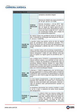 www.cers.com.br 70
AGENTES PÚBLICOS
sentadoria voluntária integral.
Critérios
diferenciad
os
Apenas em relação aos casos previstos ao
art. 40, §4°, da Lei n. 8.112/90.
Súmula vinculante n. 33 de 2014: “Apli-
cam-se ao servidor público, no que cou-
ber, as regras do regime geral da previ-
dência social sobre aposentadoria especi-
al de que trata o artigo 40, § 4º, inciso III
da Constituição Federal, até a edição de
lei complementar específica”.
VALOR DA
CONTRI-
BUIÇÃO
No regime próprio de previdência social do servidor pú-
blico, a alíquota de contribuição será sempre de 11% (art.
4°, da Lei n. 10.887/94).
o servidor inativo que ganhar acima do teto do regime
geral de previdência social contribuirá (também 11%)
sobre tudo aquilo que seu provento de aposentadoria ou
pensão ultrapassar o referido teto (EC n. 41/03 c/c ADI
3105).
caso o servidor inativo sofra de doença incapacitante, só
contribuirá sobre aquilo que os proventos de sua aposen-
tadoria ultrapassar o dobro do valor definido como teto
para os sujeitos ao regime geral de previdência (EC n.
47/05).
TETO DO
REGIME
PRÓPRIO
com a edição da lei 12.618/12, a aposentadoria dos ser-
vidores públicos passou a se submeter ao teto, pois ao
instituir o regime de previdência complementar para os
servidores públicos federais titulares de cargo efetivo,
também fixou o limite máximo para a concessão de apo-
sentadorias e pensões pelo regime de previdência de que
trata o art. 40 da Constituição Federal.
o Decreto n. 7.808/12 regulamentou a lei, de forma aque-
les que ingressaram no serviço público após a criação da
FUNPRESP terão proventos de aposentadoria e pensão
limitados ao valor máximo pago aos segurados do regime
geral.
no novo regime complementar, o valor do benefício pro-
gramado será calculado de acordo com o montante do
saldo da conta acumulado pelo participante, devendo o
valor do benefício estar permanentemente ajustado ao
referido saldo.
os benefícios decorrentes dos eventos invalidez e morte
e, se for o caso, a cobertura de outros riscos atuariais
são assegurados.
Paridade e
Integrali-
dade
Integralidad
e
o cálculo é feito nos mesmos moldes defi-
nidos para o regime geral de previdência,
qual seja, mediante cálculo da média arit-
mética dos salários de contribuição do
servidor público, ao longo de sua vida,
atualizados monetariamente, consoante
 