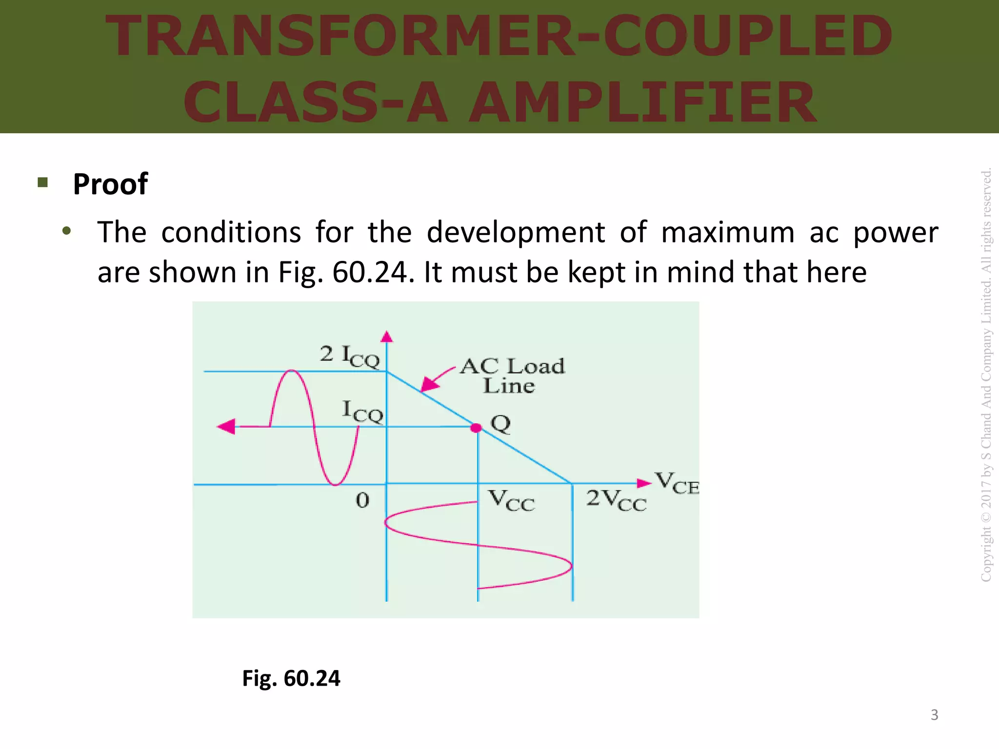 Copyright
©
2017
by
S
Chand
And
Company
Limited.
All
rights
reserved.
TRANSFORMER-COUPLED
CLASS-A AMPLIFIER
 Proof
• The conditions for the development of maximum ac power
are shown in Fig. 60.24. It must be kept in mind that here
Fig. 60.24
3
 