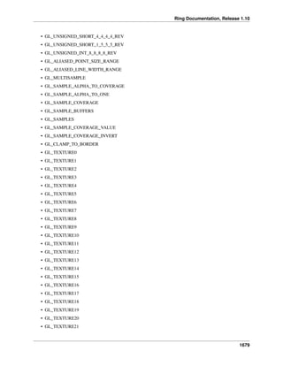 Ring Documentation, Release 1.10
• GL_UNSIGNED_SHORT_4_4_4_4_REV
• GL_UNSIGNED_SHORT_1_5_5_5_REV
• GL_UNSIGNED_INT_8_8_8_8_REV
• GL_ALIASED_POINT_SIZE_RANGE
• GL_ALIASED_LINE_WIDTH_RANGE
• GL_MULTISAMPLE
• GL_SAMPLE_ALPHA_TO_COVERAGE
• GL_SAMPLE_ALPHA_TO_ONE
• GL_SAMPLE_COVERAGE
• GL_SAMPLE_BUFFERS
• GL_SAMPLES
• GL_SAMPLE_COVERAGE_VALUE
• GL_SAMPLE_COVERAGE_INVERT
• GL_CLAMP_TO_BORDER
• GL_TEXTURE0
• GL_TEXTURE1
• GL_TEXTURE2
• GL_TEXTURE3
• GL_TEXTURE4
• GL_TEXTURE5
• GL_TEXTURE6
• GL_TEXTURE7
• GL_TEXTURE8
• GL_TEXTURE9
• GL_TEXTURE10
• GL_TEXTURE11
• GL_TEXTURE12
• GL_TEXTURE13
• GL_TEXTURE14
• GL_TEXTURE15
• GL_TEXTURE16
• GL_TEXTURE17
• GL_TEXTURE18
• GL_TEXTURE19
• GL_TEXTURE20
• GL_TEXTURE21
1679
 