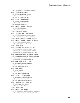 Ring Documentation, Release 1.10
• GL_POINT_DISTANCE_ATTENUATION
• GL_GENERATE_MIPMAP
• GL_GENERATE_MIPMAP_HINT
• GL_DEPTH_COMPONENT16
• GL_DEPTH_COMPONENT24
• GL_DEPTH_COMPONENT32
• GL_MIRRORED_REPEAT
• GL_FOG_COORDINATE_SOURCE
• GL_FOG_COORDINATE
• GL_FRAGMENT_DEPTH
• GL_CURRENT_FOG_COORDINATE
• GL_FOG_COORDINATE_ARRAY_TYPE
• GL_FOG_COORDINATE_ARRAY_STRIDE
• GL_FOG_COORDINATE_ARRAY_POINTER
• GL_FOG_COORDINATE_ARRAY
• GL_COLOR_SUM
• GL_CURRENT_SECONDARY_COLOR
• GL_SECONDARY_COLOR_ARRAY_SIZE
• GL_SECONDARY_COLOR_ARRAY_TYPE
• GL_SECONDARY_COLOR_ARRAY_STRIDE
• GL_SECONDARY_COLOR_ARRAY_POINTER
• GL_SECONDARY_COLOR_ARRAY
• GL_MAX_TEXTURE_LOD_BIAS
• GL_TEXTURE_FILTER_CONTROL
• GL_TEXTURE_LOD_BIAS
• GL_INCR_WRAP
• GL_DECR_WRAP
• GL_TEXTURE_DEPTH_SIZE
• GL_DEPTH_TEXTURE_MODE
• GL_TEXTURE_COMPARE_MODE
• GL_TEXTURE_COMPARE_FUNC
• GL_COMPARE_R_TO_TEXTURE
• GL_CURRENT_FOG_COORD
• GL_FOG_COORD
• GL_FOG_COORD_ARRAY
• GL_FOG_COORD_ARRAY_BUFFER_BINDING
1682
 