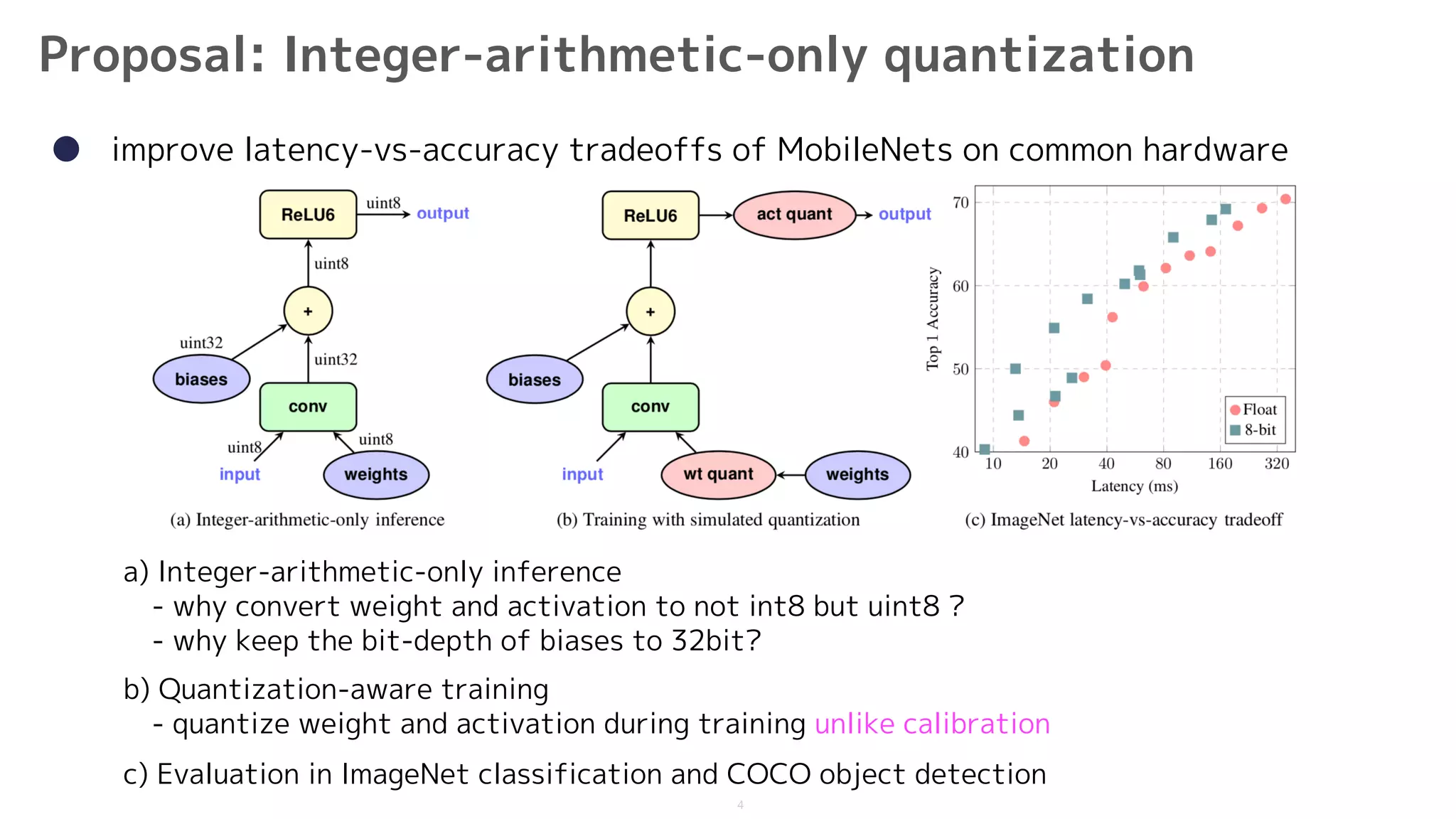 4
● improve latency-vs-accuracy tradeoffs of MobileNets on common hardware
a) Integer-arithmetic-only inference
- why convert weight and activation to not int8 but uint8 ?
- why keep the bit-depth of biases to 32bit?
b) Quantization-aware training
- quantize weight and activation during training unlike calibration
c) Evaluation in ImageNet classification and COCO object detection
Proposal: Integer-arithmetic-only quantization
 